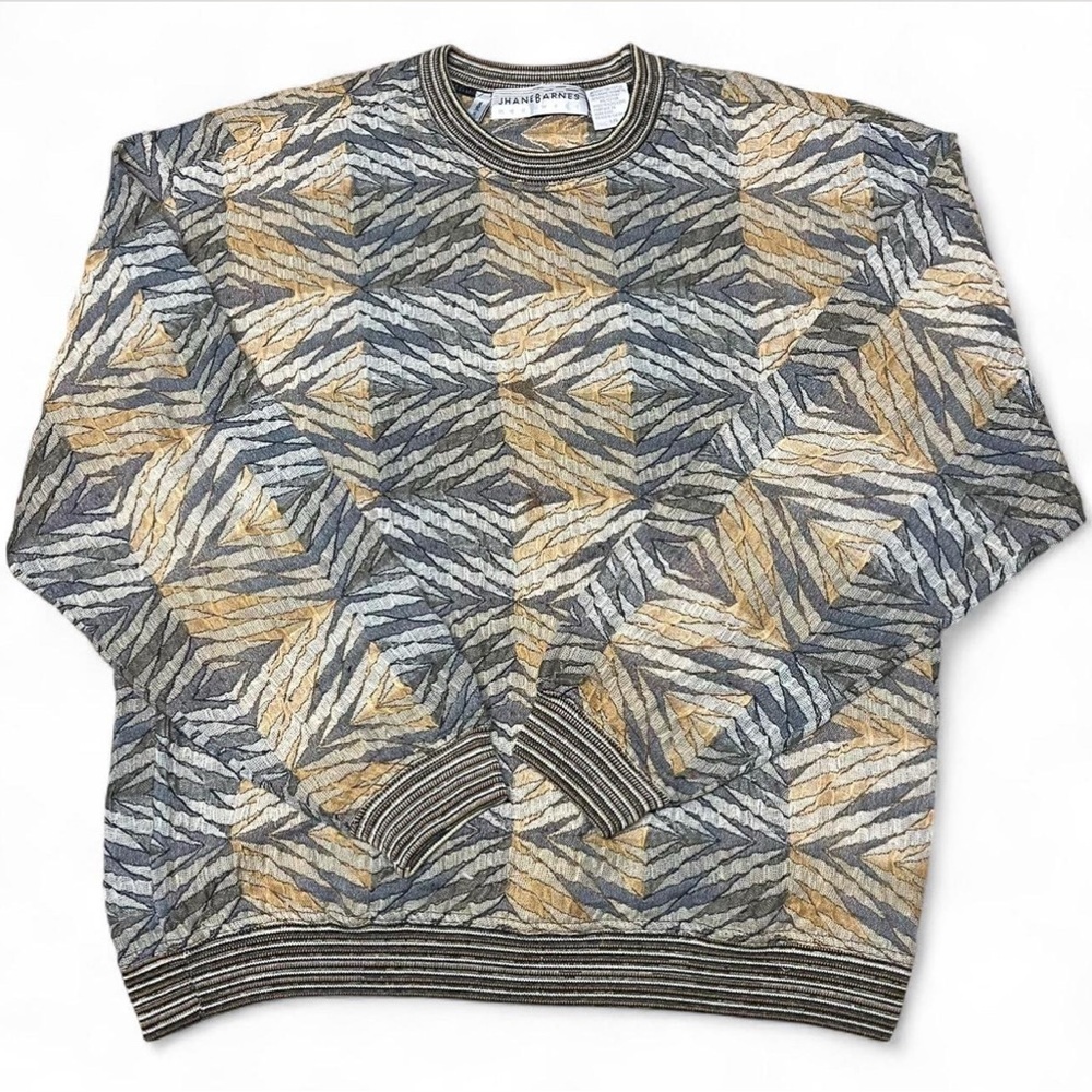 Vintage Jhane Barnes Crewneck Mens Large Geometric Pattern Sweater Woven Japan